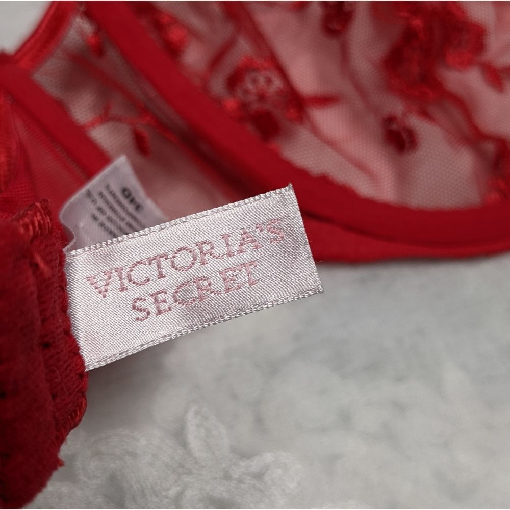 Victoria's Secret Red Lace Bra Mesh Sheer Floral Embroidered 34D Y2K Vintage - Picture 5 of 7